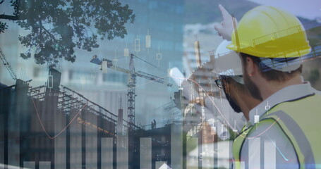 Poster - Analyzing building site, construction workers in safety gear using digital graphs