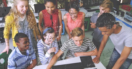 Poster - In school, diverse students collaborating on laptop, solving math problems together
