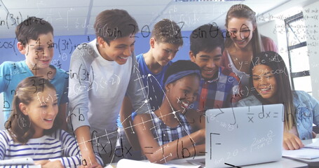 Poster - In school, diverse students collaborating on laptop, solving math problems together