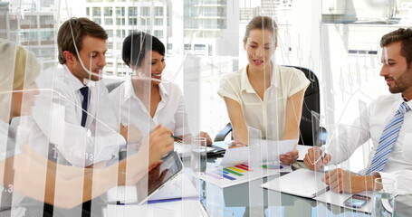 Poster - Collaborating in modern office, business team discussing documents and ideas around table