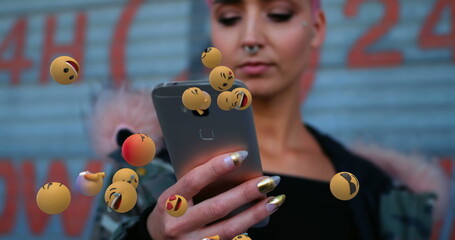 Poster - Young woman using smartphone with floating emojis, expressing digital communication