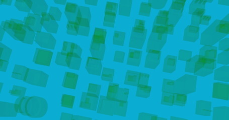 Poster - Floating green cubes against blue background, forming modern geometric pattern