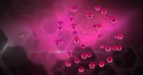 Poster - Interconnected glowing pink nodes with futuristic digital network interface icons