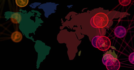 Poster - Colorful digital world map with interconnected glowing nodes and lines