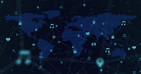 Poster - Digital world map with icons connecting global communication and technology concepts