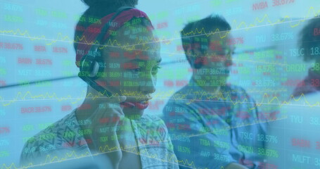 Poster - African American woman with headset analyzing digital stock market data in office