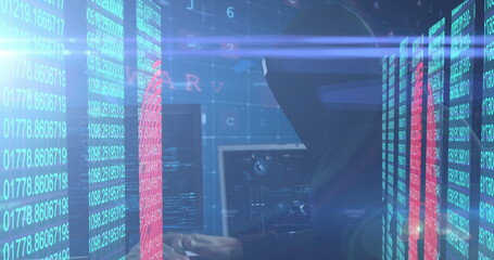 Aufkleber - Hacker in dark room typing on keyboard surrounded by digital code screens