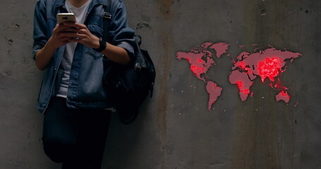 Poster - Young man checking smartphone with world map highlighting pandemic hotspots