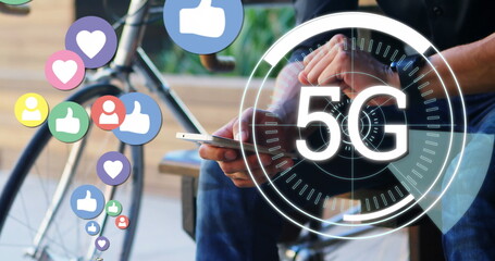 Poster - Using smartphone, person engaging with social media apps, showcasing 5G connectivity