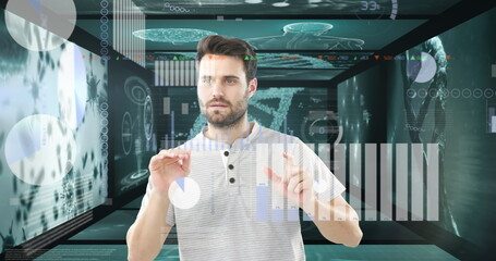 Poster - Interacting with virtual data, man using futuristic digital interface in office