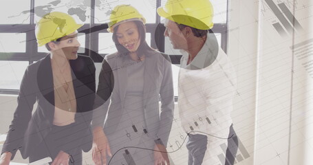Poster - Business professionals wearing hard hats discussing project plans in modern office