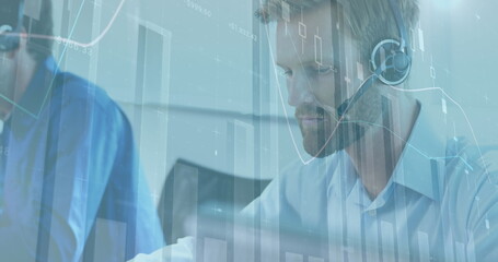 Poster - Businessman with headset analyzing digital data charts at office, focused on work