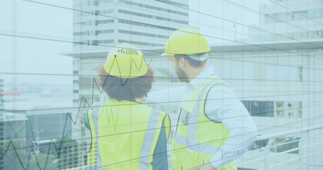 Poster - Construction professionals analyzing financial growth data on urban building site
