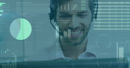 Poster - Smiling man with headset analyzing digital data on computer screen at office