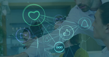 Poster - Collaborating in office, business professionals using digital interface icons on workspace