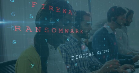 Poster - Team working in office, focusing on digital security and firewall protection