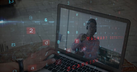 Poster - Man using laptop with digital malware detection interface, focusing on cybersecurity