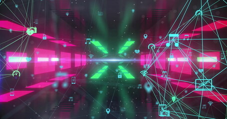 Poster - Futuristic digital network interface with glowing icons and interconnected lines