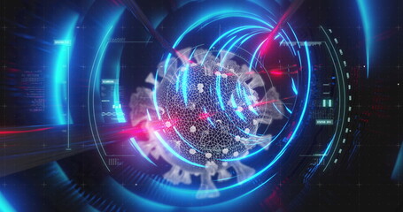 Poster - displaying vibrant blue lights, futuristic digital interface showing global network connections