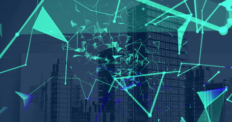 Poster - Digital interface with abstract geometric patterns overlaying futuristic cityscape