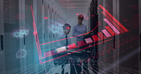 Aufkleber - Technicians in server room analyzing data with digital graphs overlay