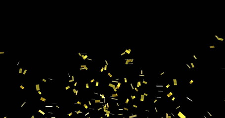 Poster - Image of multiple glowing gold confetti flying up on black background