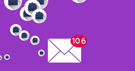 Poster - image of social media envelope icons with numbers growing flying on purple background