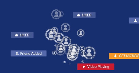 Poster - Image of falling social media icons over blue background
