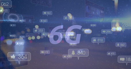 Poster - image of 6g text, social media icons on banners over data processing