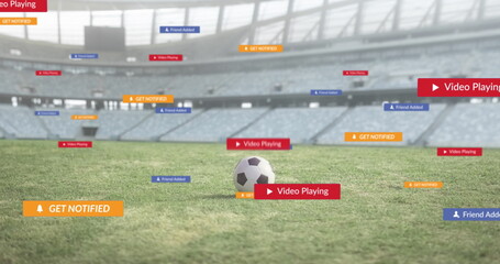 Poster - image of social media icons on banners over football on pitch