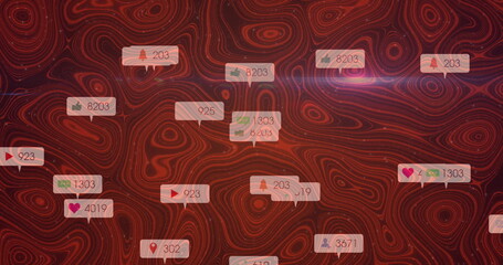 Poster - image of social media icons on banners over red liquid lines