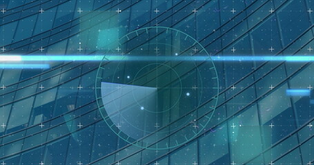 Poster - image of scope scanning and lights with glitch over modern building background