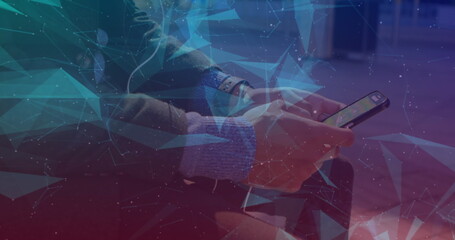 Poster - Image of d networks of connections over man using smartphone in background