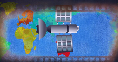 Poster - Image of satellite flying over world map