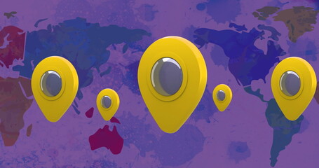 Poster - Image of yellow location pins bouncing over world map