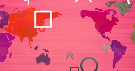 Poster - Image of arrows and shapes flying up over world map