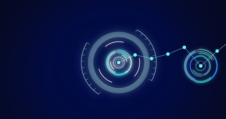 Poster - image of scopes scanning and network of connections on blue background