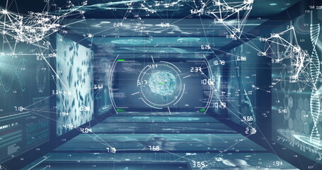 Poster - image of scopes scanning with globe of connections and data processing on digital screen