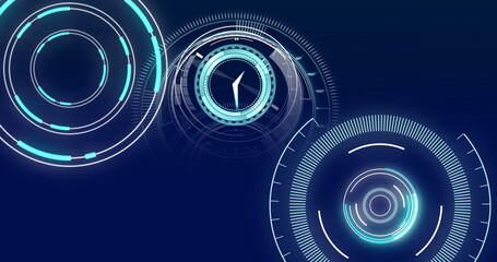 Poster - Image of scopes scanning and clock moving fast on blue background