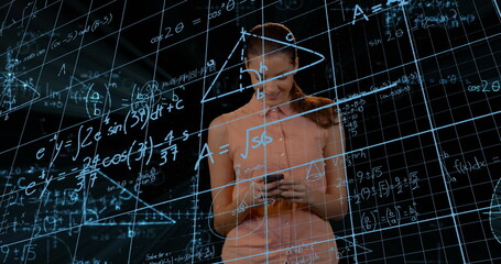 Poster - Image of caucasian businesswoman over mathematical equations on black background