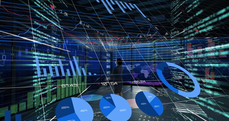 Poster - Image of financial data processing and growing numbers over caucasian businesswoman