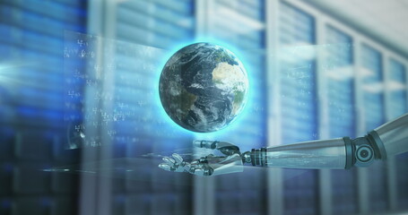 Poster - image of globe and robotic hand over server room