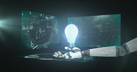 Poster - image of light bulb and robotic hand over mathematical equations on black background