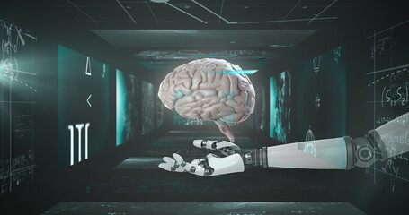 Poster - image of digital brain and robotic hand over mathematical equations on black background