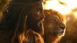© LELISAT - Jesus Christ's face is captured in a close-up, displaying confidence, with a lion by his side, enveloped in a glowing aura and illuminated by heavenly light, signifying strength and protection