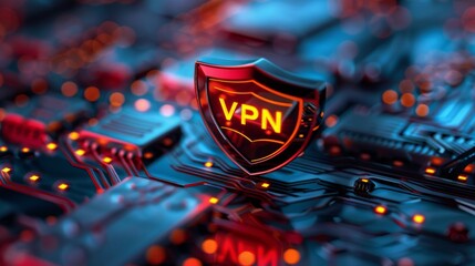 Poster - Vibrant representation of a digital shield symbolizing online security and VPN technology against a tech backdrop