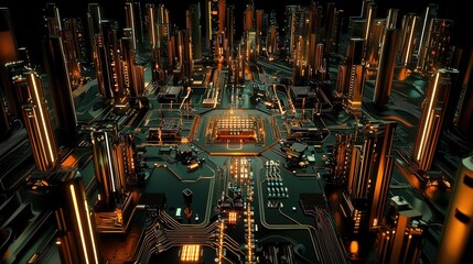 Poster - Sci-fi tech background with interconnected microchips, electric currents, and a cyberpunk theme.