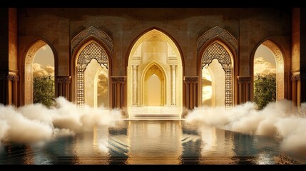 Poster - Soft beige mist flowing through arched doorways, blending architecture and cloud-like formations.