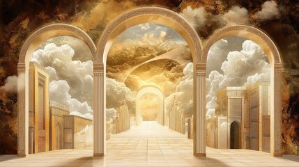 Poster - Soft beige mist flowing through arched doorways, blending architecture and cloud-like formations.