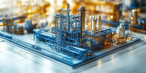 Poster - Detailed industrial model showcasing a refinery layout with intricate structures and pathway designs in a workshop setting
